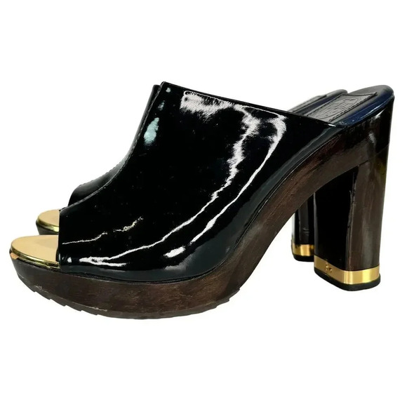 Tory Burch Leather Glossy Black Gold Elegant Slip On Mule Open Toe Size 8.5M - Picture 3 of 8
